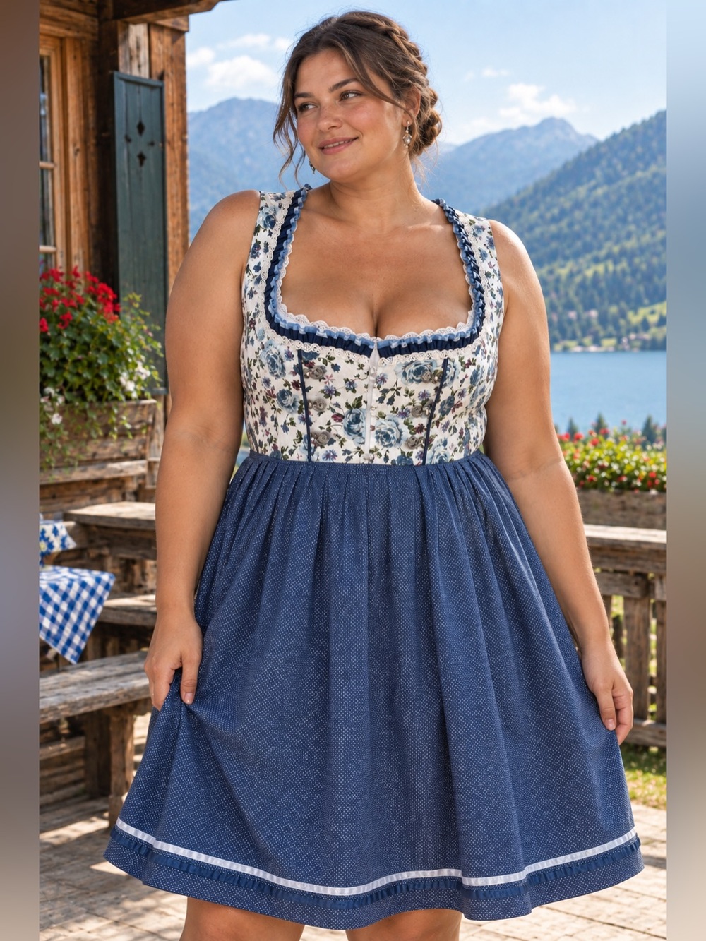 Blue Floral Dirndl Dress with ribbon accents